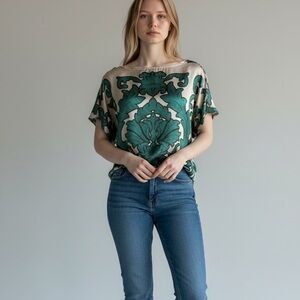 Alfani Teal and Cream Blouse